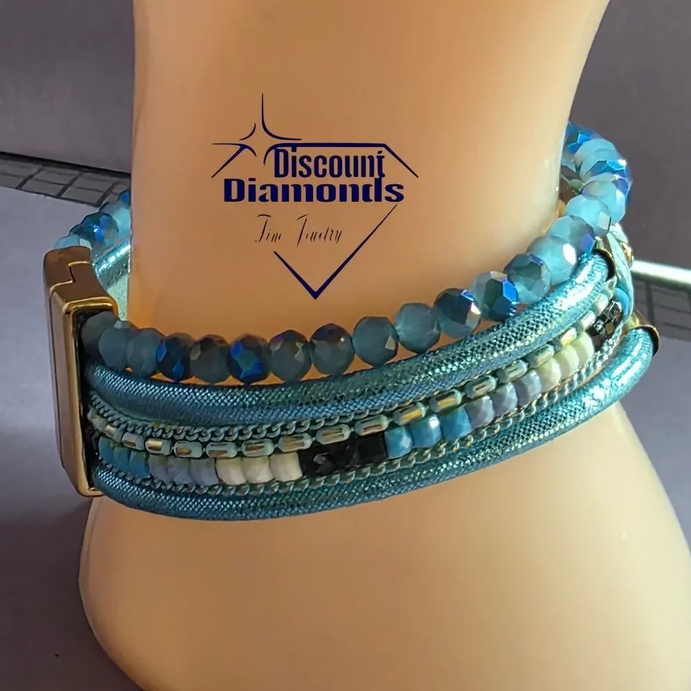 Vintage Boho Light Blue & Gold Leather Bracelet